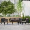 Emma And Oliver Black & Gray Woven All-Weather Four-Piece Conversation Set With Cushions & Metal Coffee Table For Porch, Backyard And Patio