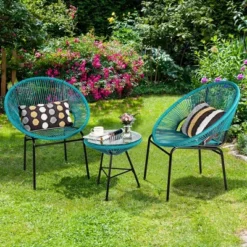 Costway 3PCS Patio Acapulco Furniture Bistro Set Plastic Rope Glass Table