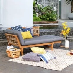 Cambridge Casual Auburn Teak & Wicker Outdoor Patio Daybed With Cushion Brown/Blue -Sunnydaze Decor Store GUEST 8a55a994 8a12 4fc5 bced f16bc2ac6860
