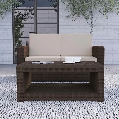 Merrick Lane Outdoor Furniture Coffee Table Chocolate Brown Faux Rattan Wicker Pattern All-Weather Patio Coffee Table With Shelving 1 Merrick Lane Outdoor Furniture Coffee Table Chocolate Brown Faux Rattan Wicker Pattern All-Weather Patio Coffee Table With Shelving
