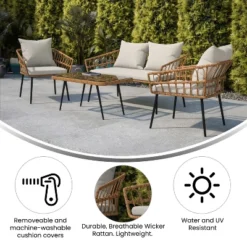 Flash Furniture Evin Boho 4 Piece Indoor/Outdoor Rope Rattan Patio Conversation Set With Tempered Glass Top Coffee Table And Cushions -Sunnydaze Decor Store GUEST 8df9fc9a af2a 4910 9529 349439b38b51