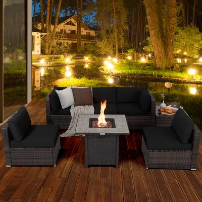 Costway 7PCS Patio Rattan Furniture Set 30'' Fire Pit Table Cover Cushion Sofa Off WhiteBlackNavyRedTurquoise 1 Costway 7PCS Patio Rattan Furniture Set 30'' Fire Pit Table Cover Cushion Sofa Off WhiteBlackNavyRedTurquoise