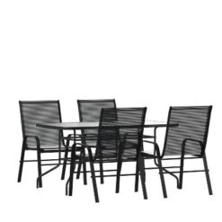 Emma And Oliver Five Piece Patio Table Set With Metal Table With Tempered Glass Top And 4 Flex Comfort Stacking Chairs -Sunnydaze Decor Store GUEST 9293fdd9 124a 4902 b712 1fb0cc37d997