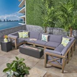 Thasos 10pc Acacia U-Shaped Farmhouse Sectional Sofa Set With Fire Pit - Gray - Christopher Knight Home -Sunnydaze Decor Store GUEST 946ae1e4 be2d 4ee6 996d e52f97d86b38