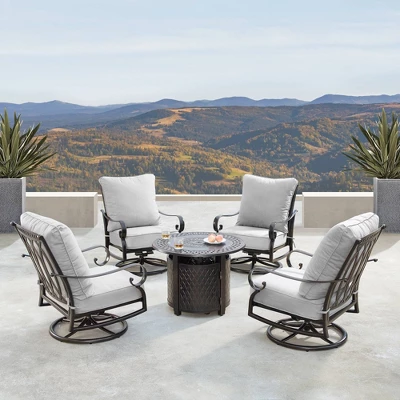 5pc Set With 34" Outdoor Round Aluminum Propane Fire Table & 4 Deep Seating Swivel Rocking Chairs & Lid - Oakland Living 1 5pc Set With 34" Outdoor Round Aluminum Propane Fire Table & 4 Deep Seating Swivel Rocking Chairs & Lid - Oakland Living