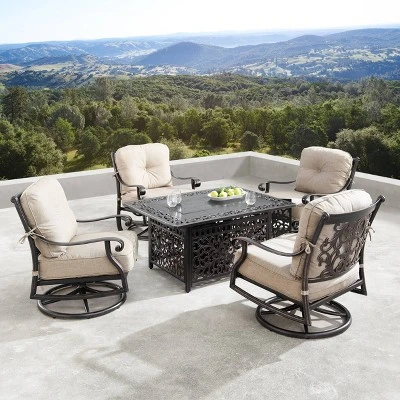 5pc Set With 48" Rectangle Outdoor Aluminum Fire Table & Four Swivel Rocking Chairs & Wind Blocker - Oakland Living 1 5pc Set With 48" Rectangle Outdoor Aluminum Fire Table & Four Swivel Rocking Chairs & Wind Blocker - Oakland Living