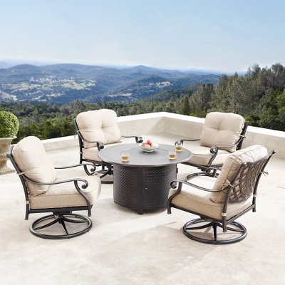 5pc Outdoor Dining Set With 44" Round Fire Table, 4 Deep Seating Swivel Rocking Chairs & Table Fabric Covers - Tan/Copper - Oakland Living 1 5pc Outdoor Dining Set With 44" Round Fire Table, 4 Deep Seating Swivel Rocking Chairs & Table Fabric Covers - Tan/Copper - Oakland Living