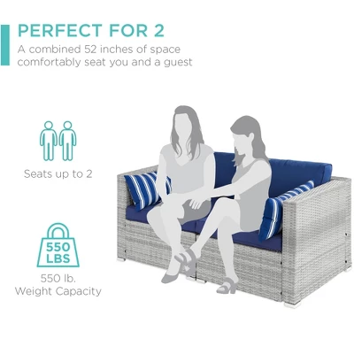 Best Choice Products 2-Person Outdoor Patio Loveseat Wicker Sofa Couch Furniture Set W/ 2 Accent Pillows - Gray/Navy 4 Best Choice Products 2-Person Outdoor Patio Loveseat Wicker Sofa Couch Furniture Set W/ 2 Accent Pillows - Gray/Navy - Image 4