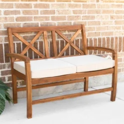 Acacia Wood X-Back Love Seat With Cushions Brown - Saracina Home -Sunnydaze Decor Store GUEST a375564a 7544 45f1 9224 786c06015617