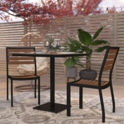 Merrick Lane 3 Piece Patio Table And Chairs Set Faux Teak Wood And Metal Indoor/Outdoor Table And Chairs With All-Weather Purpose -Sunnydaze Decor Store GUEST a553e4c7 13c4 450f 92c9 355e72e2c0b8