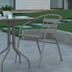 Emma And Oliver 23.5'' Square Glass Top Metal Table With 2 Aluminum Slat Stack Chairs -Sunnydaze Decor Store GUEST a7778e61 1454 412f 8325 61d68859915f