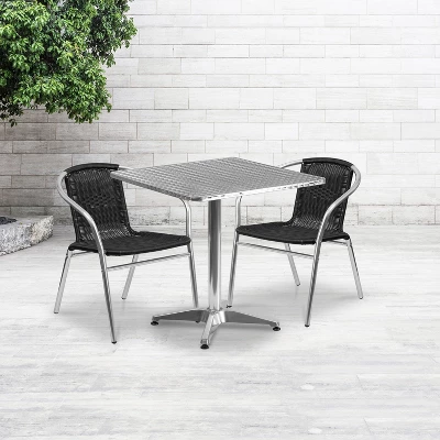 Emma And Oliver 27.5" Square Aluminum Garden Patio Table Set With 2 Rattan Chairs 1 Emma And Oliver 27.5" Square Aluminum Garden Patio Table Set With 2 Rattan Chairs