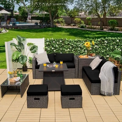 Costway 9PCS Patio Rattan Furniture Set Fire Pit Space-saving W/ Cushion Cover 1 Costway 9PCS Patio Rattan Furniture Set Fire Pit Space-saving W/ Cushion Cover