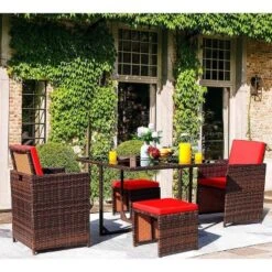 5pc Outdoor Wicker Conversation Set With Rattan Chairs & Ottomans & Tempered Glass Tables - Devoko -Sunnydaze Decor Store GUEST affe69f7 b133 4eec b715 282adc4796c4