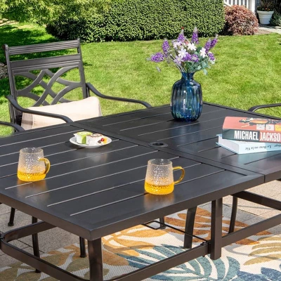 7pc Outdoor Dining Set With Chairs With Seat & Back Cushions & Metal Table With Umbrella Hole 5 7pc Outdoor Dining Set With Chairs With Seat & Back Cushions & Metal Table With Umbrella Hole - Image 5