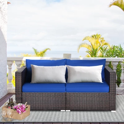Costway 4PCS Patio Rattan Corner Sofa Sectional Furniture Set Navy Cushion 1 Costway 4PCS Patio Rattan Corner Sofa Sectional Furniture Set Navy Cushion