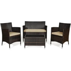 Costway 4PCS Rattan Patio Furniture Set Sofa Chair Coffee Table W/Cushion Outdoor