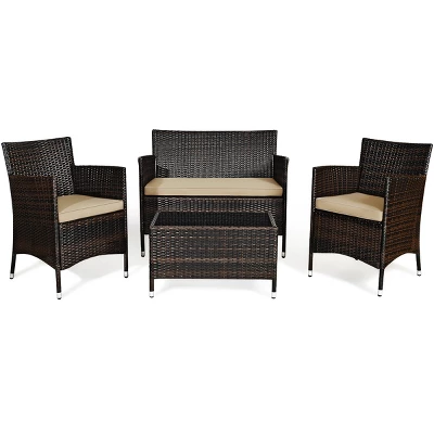 Costway 4PCS Rattan Patio Furniture Set Sofa Chair Coffee Table W/Cushion Outdoor 1 Costway 4PCS Rattan Patio Furniture Set Sofa Chair Coffee Table W/Cushion Outdoor