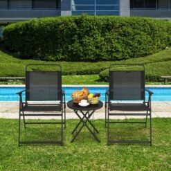Tangkula 3PCS Patio Bistro Set Outdoor Folding Table & Chairs Set W/Tempered Glass Top Black