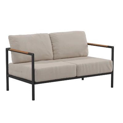 Emma And Oliver Aluminum Frame Loveseat With Teak Arm Accents And Plush Cushions 11 Emma And Oliver Aluminum Frame Loveseat With Teak Arm Accents And Plush Cushions - Image 11
