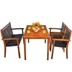 Costway 4PCS Patio Rattan Dining Furniture Set Acacia Wood Frame Stackable Chair Loveseat