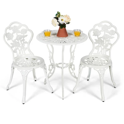 Costway 3PCS Cast Aluminum Patio Bistro Furniture Set Rose Design Outdoor White 1 Costway 3PCS Cast Aluminum Patio Bistro Furniture Set Rose Design Outdoor White