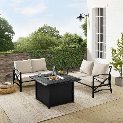 Kaplan 3pc Outdoor Conversation Set With Fire Table & 2 Loveseats - Oatmeal - Crosley 4 Kaplan 3pc Outdoor Conversation Set With Fire Table & 2 Loveseats - Oatmeal - Crosley - Image 4