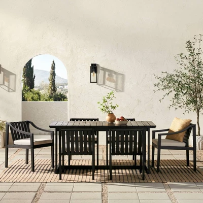 7pc Modern Slatted Wood Outdoor Dining Set - Saracina Home 1 7pc Modern Slatted Wood Outdoor Dining Set - Saracina Home