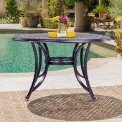 48" Round Aluminum Casting Patio Dining Table With Umbrella Hole - Black - WELLFOR
