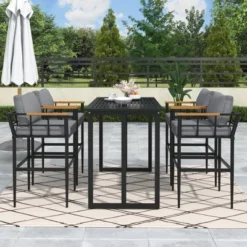 Steel Outdoor Dinner Set With Acacia Wood Handrails For Patio, Balcony Or Backyard,Black - ModernLuxe