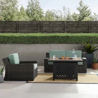 Beaufort 3 Pc Outdoor Wicker Conversation Set Loveseat And Chair With Fire Table - Mist/Brown - Crosley 4 Beaufort 3 Pc Outdoor Wicker Conversation Set Loveseat And Chair With Fire Table - Mist/Brown - Crosley - Image 4