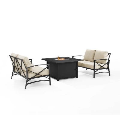 Kaplan 3pc Outdoor Conversation Set With Fire Table & 2 Loveseats - Oatmeal - Crosley 2 Kaplan 3pc Outdoor Conversation Set With Fire Table & 2 Loveseats - Oatmeal - Crosley - Image 2
