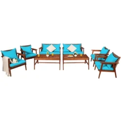 Costway 8PCS Patio Rattan Furniture Set Acacia Wood Frame Cushioned Sofa Chair Turquoise -Sunnydaze Decor Store GUEST c68ea905 75cb 4d2c 8355 88bf9f0b2586