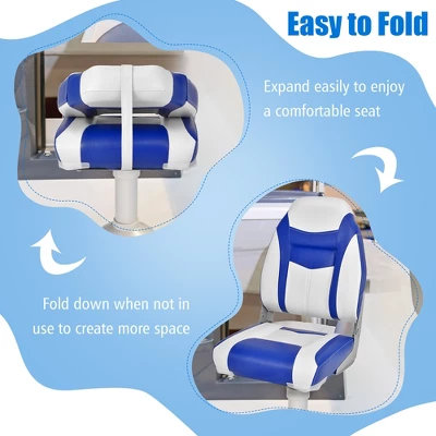 Costway High Back Folding Boat Seats W/ Blue White Sponge Cushion & Flexible Hinges 2 Costway High Back Folding Boat Seats W/ Blue White Sponge Cushion & Flexible Hinges - Image 2