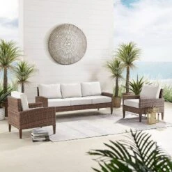 Capella 3pc Outdoor Wicker Seating Set With Sofa & Arm Chairs - Cream/Brown - Crosley