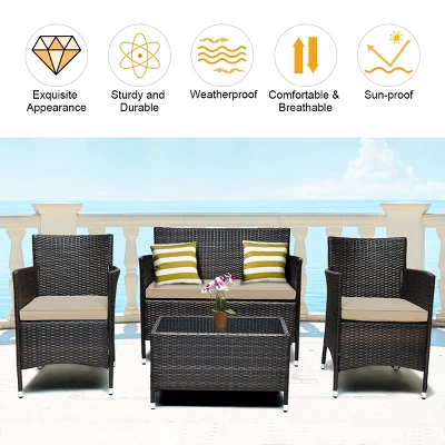 Costway 4PCS Rattan Patio Furniture Set Sofa Chair Coffee Table W/Cushion Outdoor 4 Costway 4PCS Rattan Patio Furniture Set Sofa Chair Coffee Table W/Cushion Outdoor - Image 4