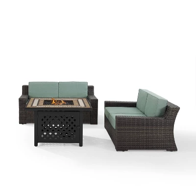 Beaufort 3 Pc Outdoor Wicker Conversation Set - 2 Loveseats With Fire Table - Mist/Brown - Crosley 1 Beaufort 3 Pc Outdoor Wicker Conversation Set - 2 Loveseats With Fire Table - Mist/Brown - Crosley