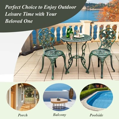 Tangkula Rose Design Bistro Set Antique Aluminum Bench Patio Garden Chair For Outdoor Green 3 Tangkula Rose Design Bistro Set Antique Aluminum Bench Patio Garden Chair For Outdoor Green - Image 3