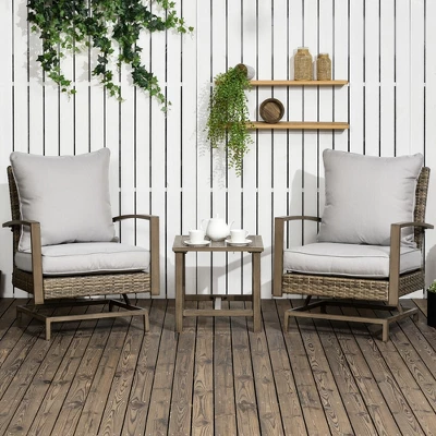 Outsunny 3-Piece Patio Bistro Set, PE Rattan Wicker Outdoor Furniture With Soft Cushions, 2 Rocking Chairs, Slatted Coffee Table, Gray 2 Outsunny 3-Piece Patio Bistro Set, PE Rattan Wicker Outdoor Furniture With Soft Cushions, 2 Rocking Chairs, Slatted Coffee Table, Gray - Image 2