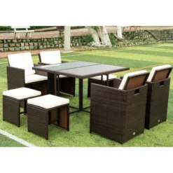 9pc Wicker Outdoor Dining Set With Cushion - Dark Brown/Beige - GODEER -Sunnydaze Decor Store GUEST d5eadddd 53cf 4df8 8d33 bed6204942be
