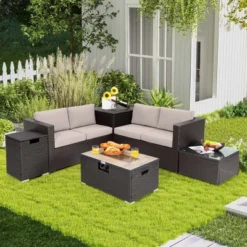 Costway 6PCS Patio Rattan Furniture Set 32'' Fire Pit Table Tank Holder With Cover Beige/Navy/Red/Turquoise -Sunnydaze Decor Store GUEST d685142a 4799 418b 86de 036c4496257b