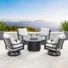 5pc Outdoor Fire Table Set With Hammered 44" Round Fire Table, 4 Deep Seating Swivel Rocking Chairs & Table Fabric Covers - Oakland Living
