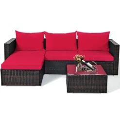 5PCS Patio Rattan Furniture Set Sectional Conversation Sofa W/ Coffee Table Red Navy