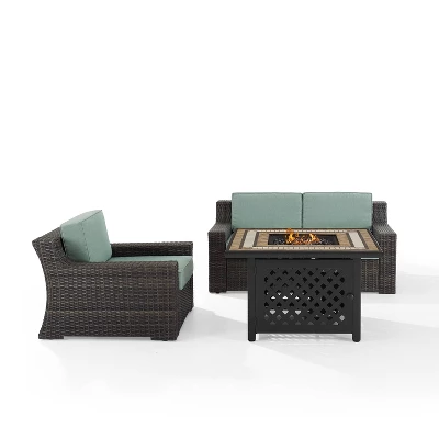 Beaufort 3 Pc Outdoor Wicker Conversation Set Loveseat And Chair With Fire Table - Mist/Brown - Crosley 1 Beaufort 3 Pc Outdoor Wicker Conversation Set Loveseat And Chair With Fire Table - Mist/Brown - Crosley