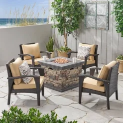 Kaula 5pc Faux Rattan Club Chair & Fire Pit Chat Set - Christopher Knight Home -Sunnydaze Decor Store GUEST e608cfb8 a645 4fa5 a919 4886c35038a3