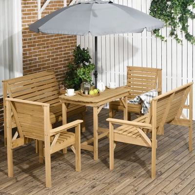 Outsunny 5 Piece Patio Furniture, 6 Seat Outdoor Dining Set, Natural Wood Dinner Table, 2 Chairs, Loveseats With Armrests & Umbrella Hole, Light Brown 2 Outsunny 5 Piece Patio Furniture, 6 Seat Outdoor Dining Set, Natural Wood Dinner Table, 2 Chairs, Loveseats With Armrests & Umbrella Hole, Light Brown - Image 2
