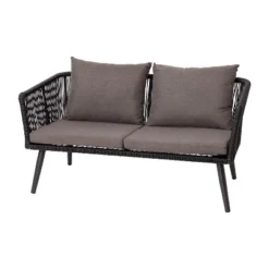Emma And Oliver Black & Gray Woven All-Weather Four-Piece Conversation Set With Cushions & Metal Coffee Table For Porch, Backyard And Patio -Sunnydaze Decor Store GUEST e9532dc1 842b 45c0 b6f4 a5702d6d7f5c