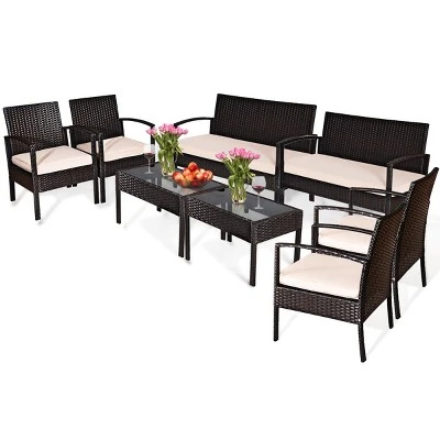 Costway 8PCS Patio Rattan Conversation Furniture Set Cushioned Seat Glass Table 3 Costway 8PCS Patio Rattan Conversation Furniture Set Cushioned Seat Glass Table - Image 3