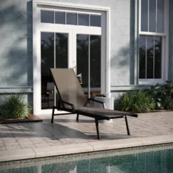 Emma And Oliver Textilene Adjustable 5 Position Patio Chaise Lounge With Armrests And Metal Frame