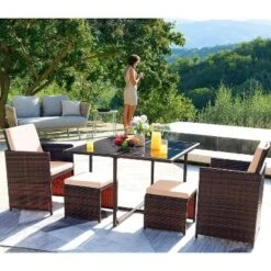 5pc Outdoor Wicker Conversation Set With Rattan Chairs & Ottomans & Tempered Glass Tables - Devoko